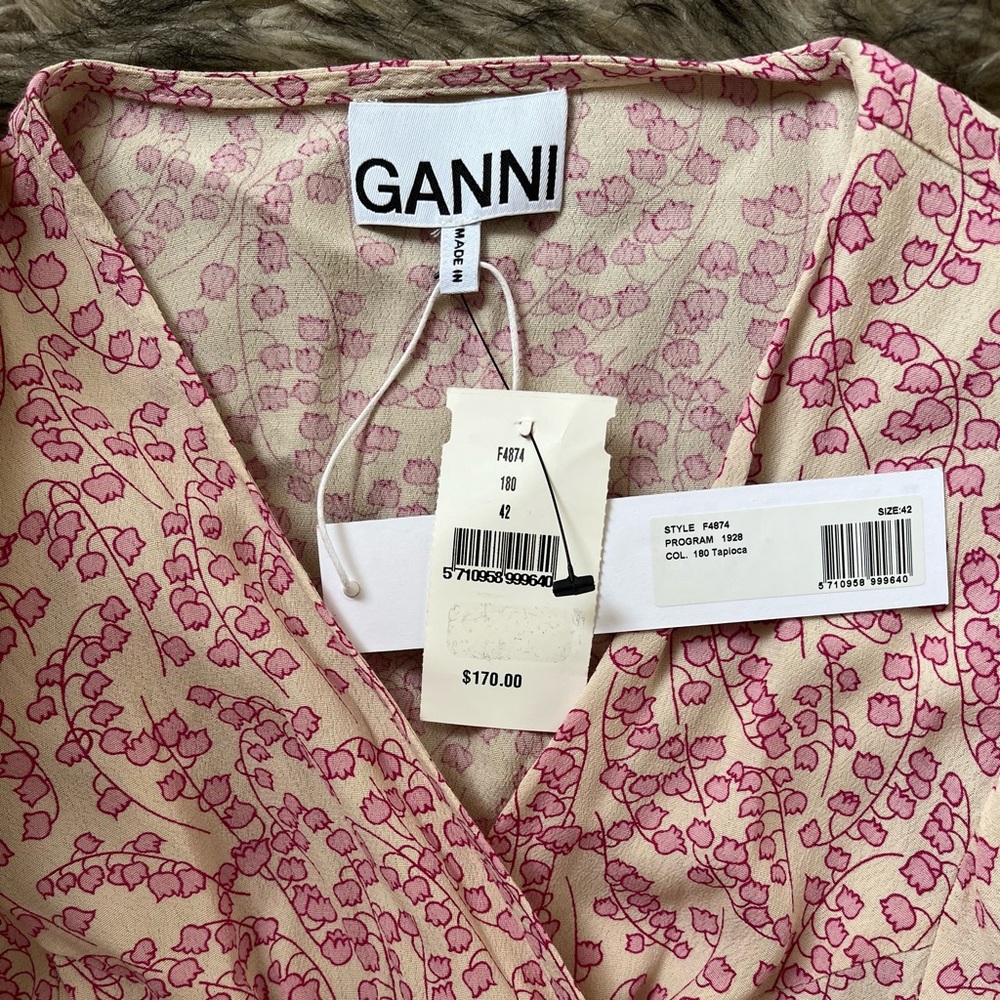 GANNI Floral Linen Wrap Top with Puffy Sleeves - Picture 3 of 4